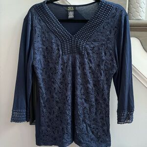 Shannon Ford Navy Lace & Crochet Tunic Top sz L EUC